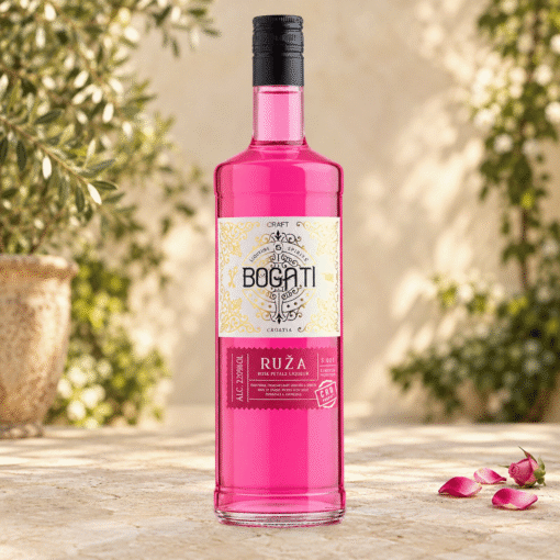 Boca likera BOGATI Ruža 1L, liker od ruže s mirisom latica ruže i 22% alkohola.