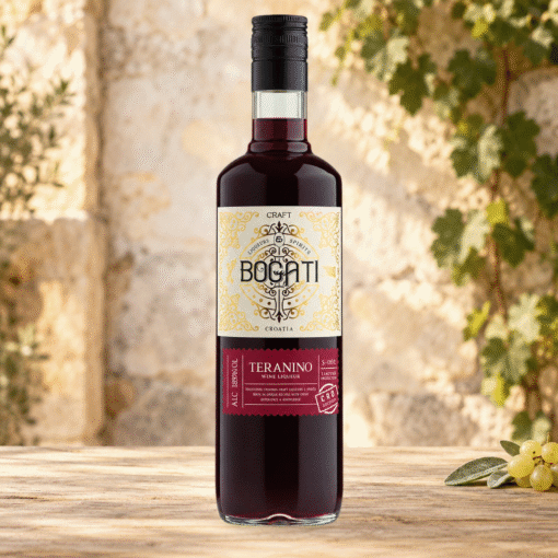BOGATI Teranino 0,7L – domaći liker od vina sorte Teran s aromatičnim biljem, voćne arome i glatke teksture.